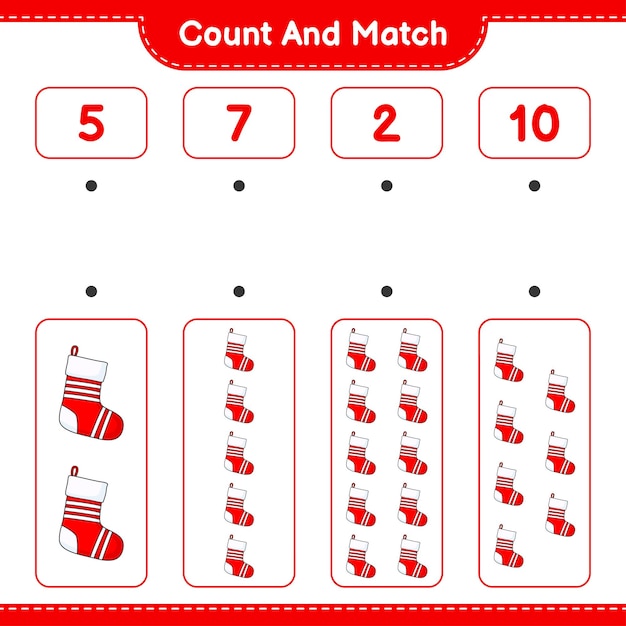 count and match count the number of christmas sock and match with the right numbers educational children game printable worksheet vector illustration