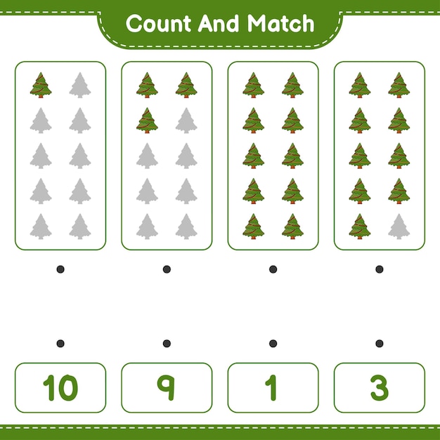 count and match, count the number of christmas tree and match with the right numbers. educational children game, printable worksheet, vector illustration