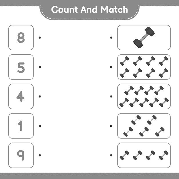 Count and match count the number of Dumbbell and match with the right numbers Educational children game printable worksheet vector illustration
