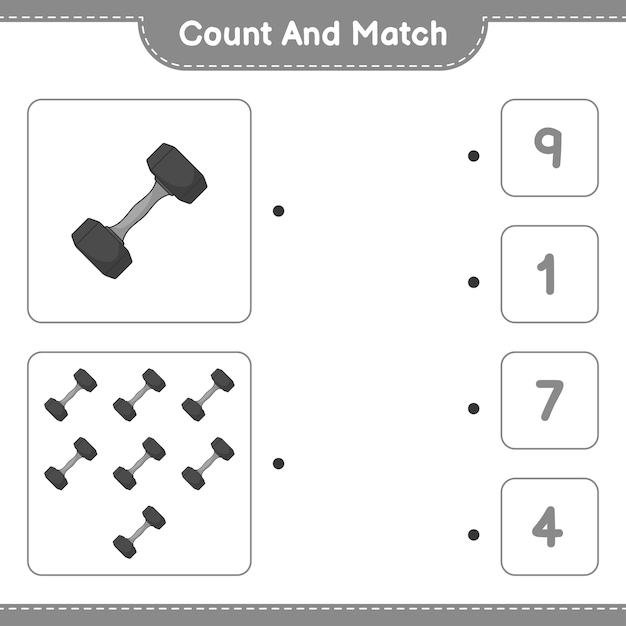 Count and match count the number of Dumbbell and match with the right numbers Educational children game printable worksheet vector illustration