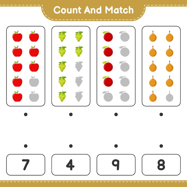 Count and match, count the number of Fruits and match with right numbers. Educational children game, printable worksheet 