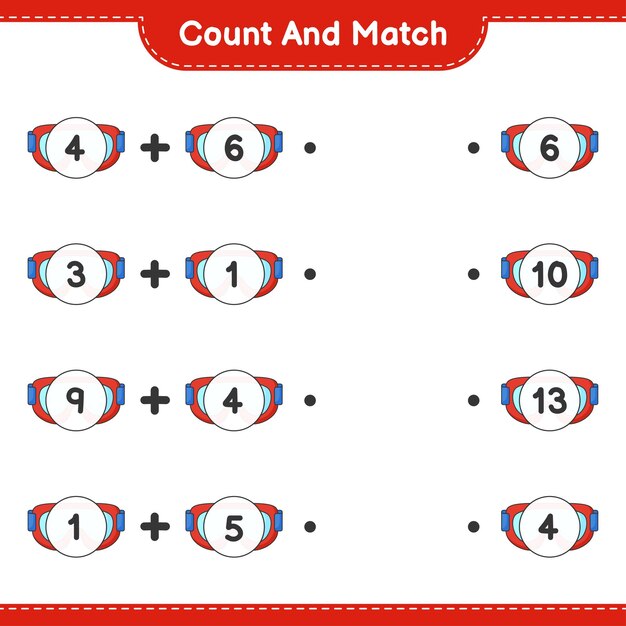 count and match count the number of goggle and match with the right numbers educational children game printable worksheet vector illustration