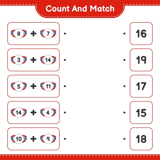 count and match count the number of goggle and match with the right numbers educational children game printable worksheet vector illustration