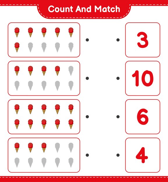 Count and match, count the number of Ice Cream and match with the right numbers. Educational children game, printable worksheet, vector illustration