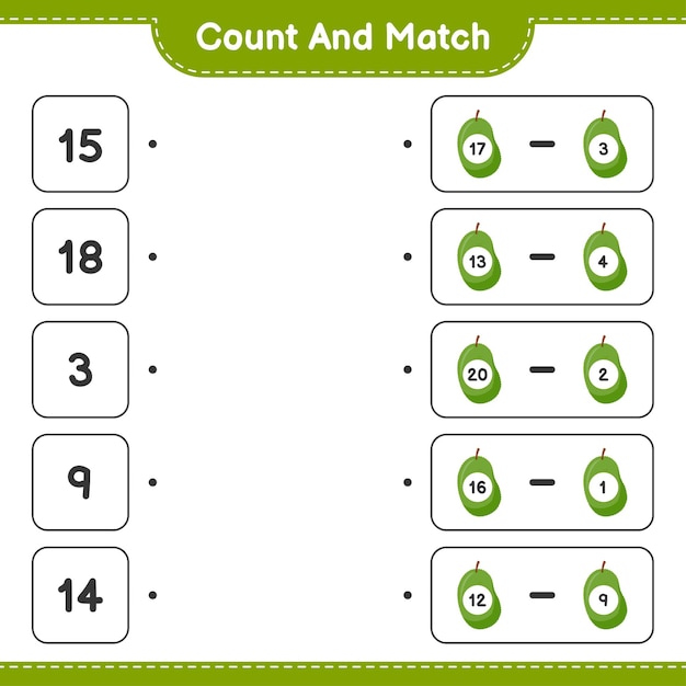 Count and match, count the number of Jackfruit and match with right numbers. Educational children game, printable worksheet 