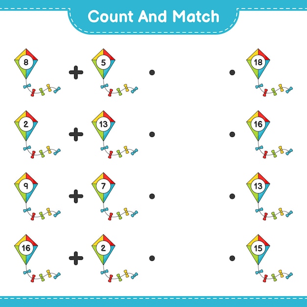 count and match, count the number of kite and match with the right numbers. educational children game, printable worksheet