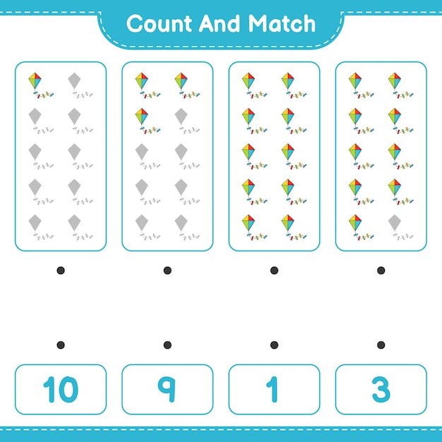 Count and match, count the number of Kite and match with the right numbers. Educational children game, printable worksheet 