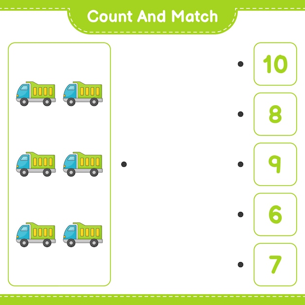 Count and match, count the number of Lorry and match with the right numbers. Educational children game, printable worksheet, vector illustration