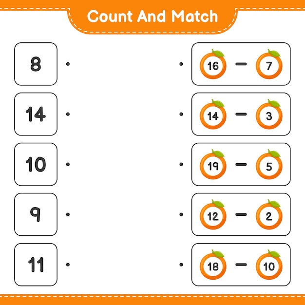 Count and match, count the number of Orange and match with right numbers. Educational children game, printable worksheet 