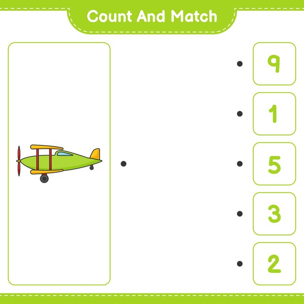 count and match, count the number of plane and match with the right numbers. educational children game, printable worksheet, vector illustration