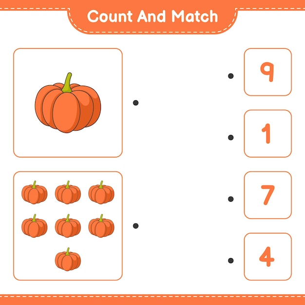 count and match, count the number of pumpkin and match with the right numbers. educational children game, printable worksheet, vector illustration
