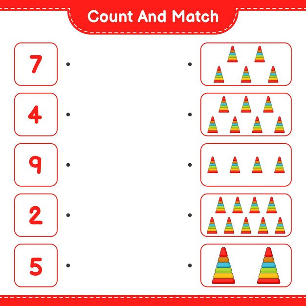 Count and match, count the number of Pyramid Toy and match with the right numbers. Educational children game, printable worksheet, vector illustration