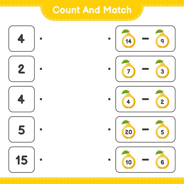 Count and match, count the number of Quince and match with right numbers. Educational children game, printable worksheet 