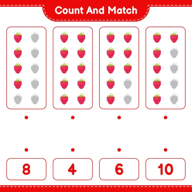 Count and match, count the number of Raspberries and match with right numbers. Educational children game, printable worksheet 