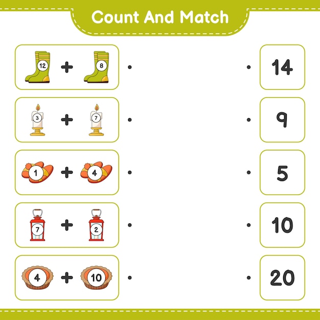 Count and match, count the number of Rubber Boots, Candle, Slippers, Lantern, Pie and match with the right numbers. Educational children game, printable worksheet, vector illustration