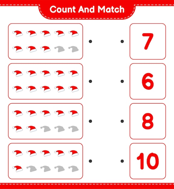 count and match, count the number of santa hat and match with the right numbers. educational children game, printable worksheet, vector illustration