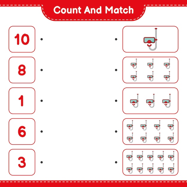 count and match, count the number of scuba diving mask and match with the right numbers. educational children game, printable worksheet, vector illustration