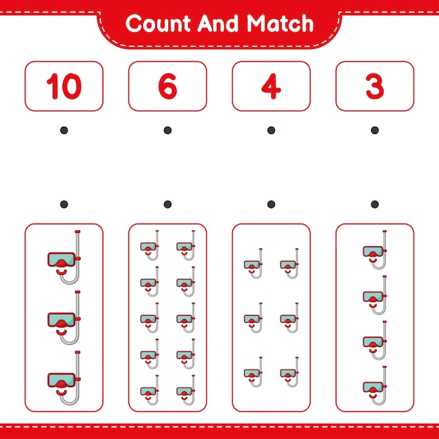 count and match, count the number of scuba diving mask and match with the right numbers. educational children game, printable worksheet, vector illustration