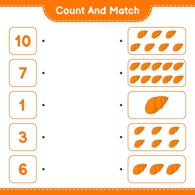 Count and match, count the number of Sea Shells and match with the right numbers. Educational children game, printable worksheet, vector illustration
