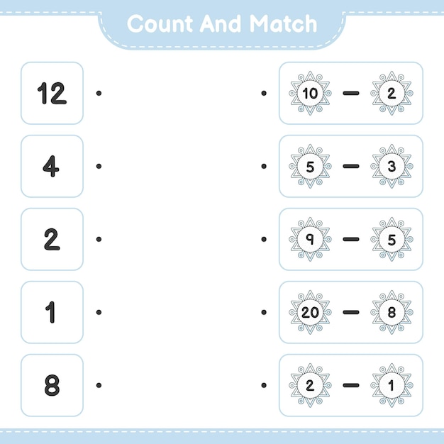 Count and match count the number of Snowflake and match with the right numbers Educational children game printable worksheet vector illustration