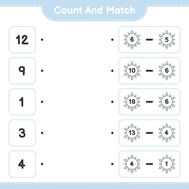 Count and match count the number of Snowflake and match with the right numbers Educational children game printable worksheet vector illustration
