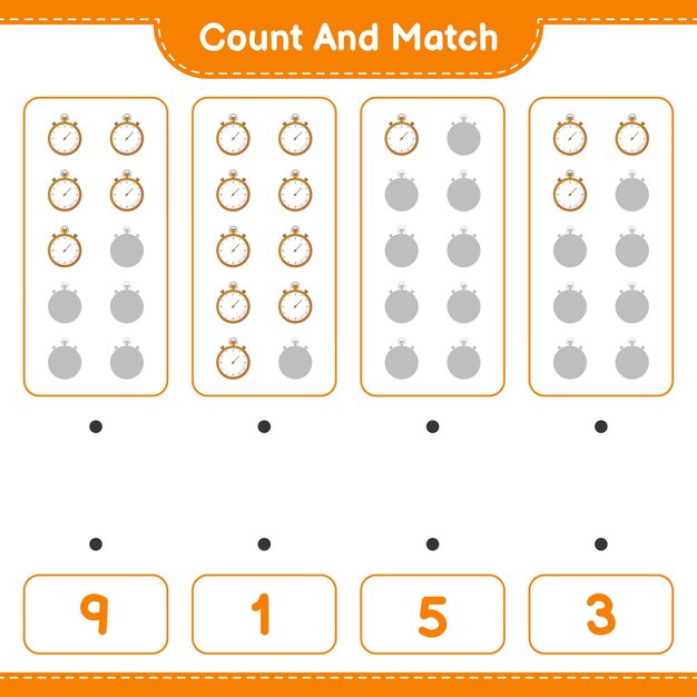 Count and match count the number of Stopwatch and match with the right numbers Educational children game printable worksheet vector illustration