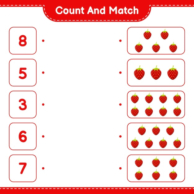 Count and match, count the number of Strawberry and match with right numbers. Educational children game, printable worksheet 