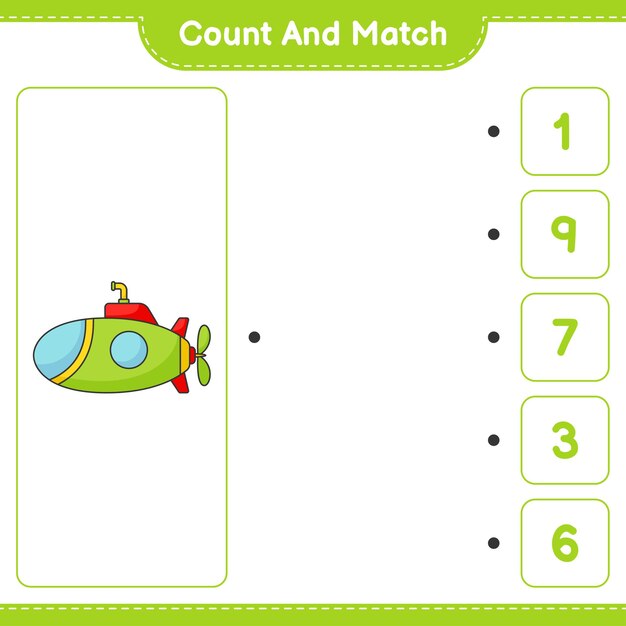 count and match, count the number of submarine and match with the right numbers. educational children game, printable worksheet, vector illustration