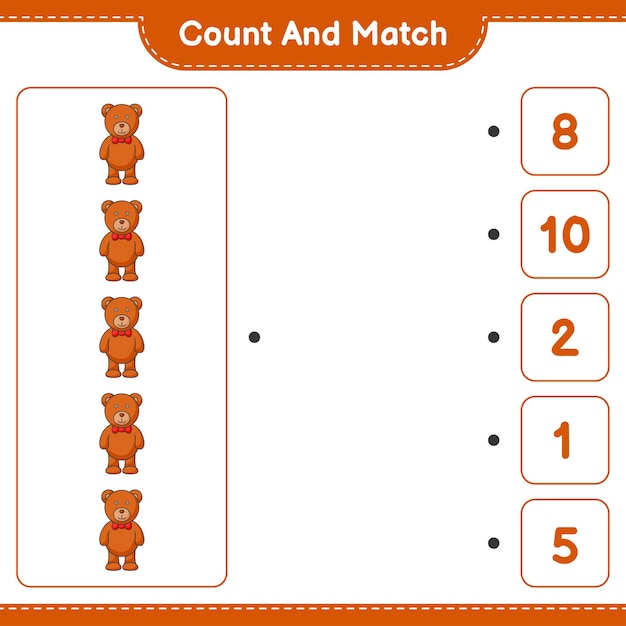 Count and match, count the number of Teddy Bear and match with the right numbers. Educational children game, printable worksheet, vector illustration