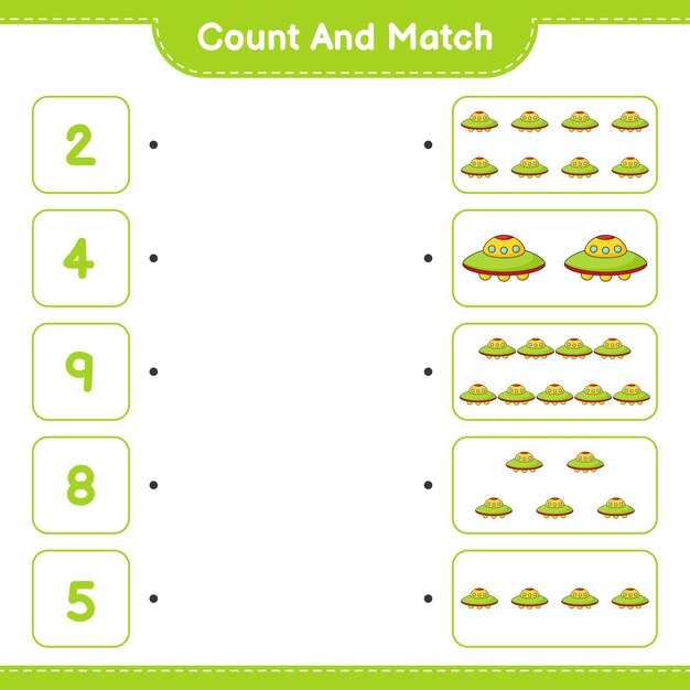 Count and match, count the number of Ufo and match with the right numbers. Educational children game, printable worksheet, vector illustration