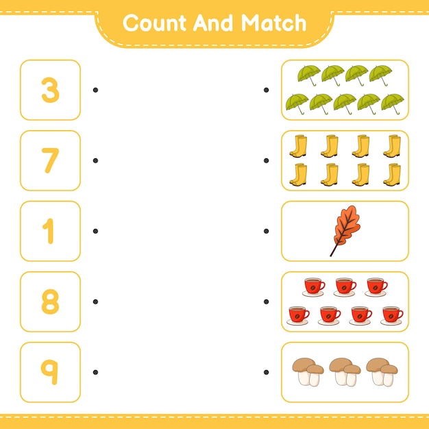 Count and match count the number of Umbrella Boots Leaf Coffee Cup Mushroom and match