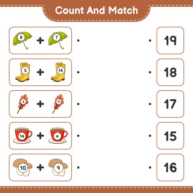 Count and match count the number of Umbrella Boots Leaf Coffee Cup Mushroom and match