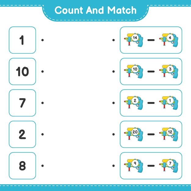 Count and match, count the number of Water Gun and match with the right numbers. Educational children game, printable worksheet, vector illustration