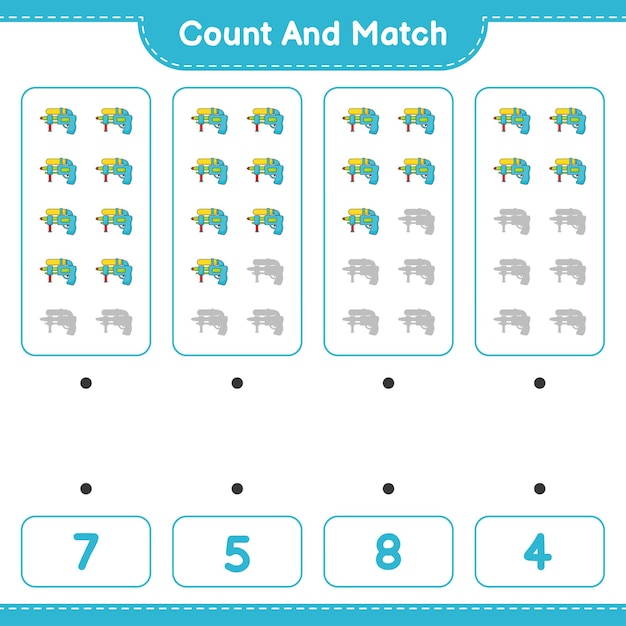 Count and match, count the number of Water Gun and match with the right numbers. Educational children game, printable worksheet 