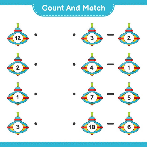 count and match, count the number of whirligig toy and match with the right numbers. educational children game, printable worksheet 