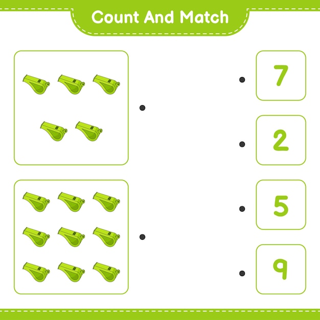 Count and match count the number of Whistle and match with the right numbers Educational children game printable worksheet vector illustration
