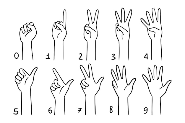 Count finger from 0 to 9 Five human counting doodle drawing hands set