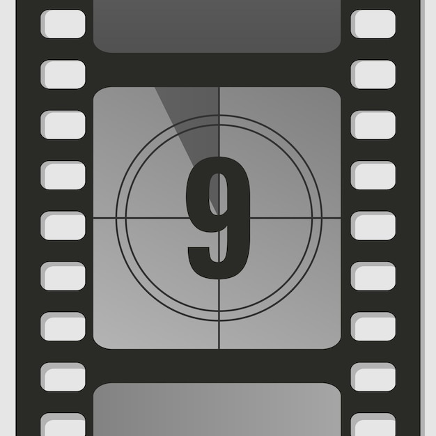 Countdown film strip frame with number nine Retro cinema movie timer counter Vector illustration