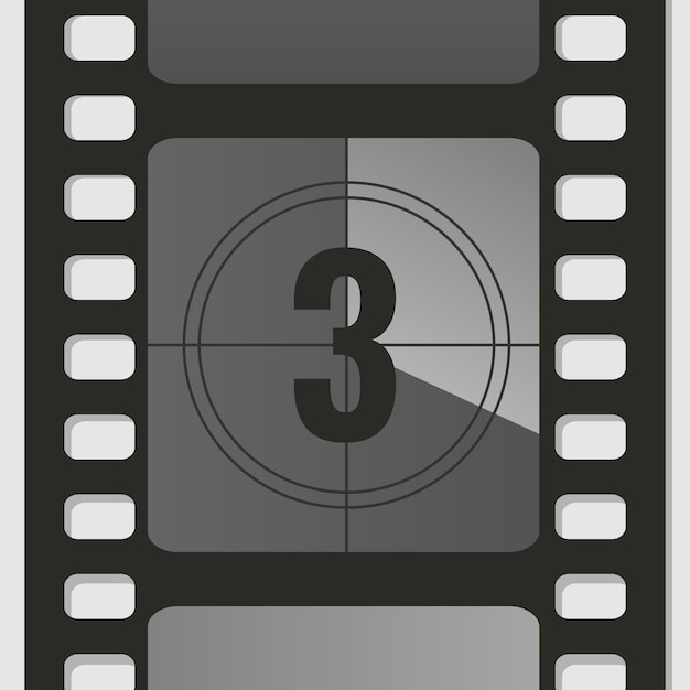 Countdown film strip frame with number three Retro cinema movie timer counter Vector illustration