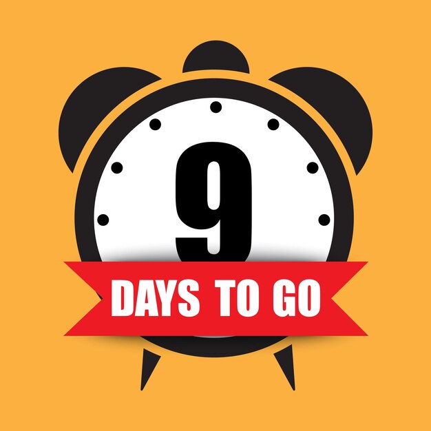 Countdown timer icon Bold number nine 9 days to go text Bright yellow background