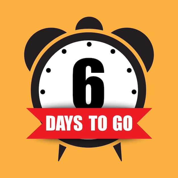 Countdown timer icon Bold number six 6 days to go text Bright yellow background