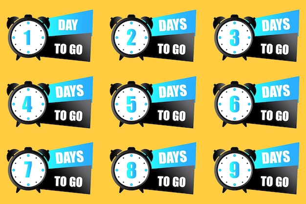 Countdown timer illustration set Numbers one to nine focus Bold days to go text Yellow background