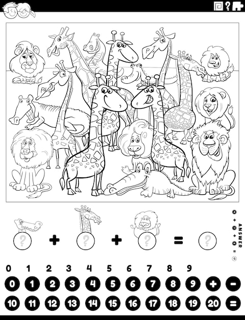 counting and adding activity with animals coloring page