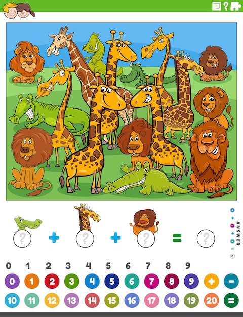 counting and adding activity with cartoon animals