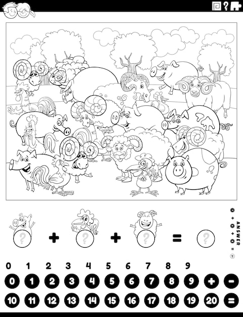 counting and adding activity with farm animals coloring page