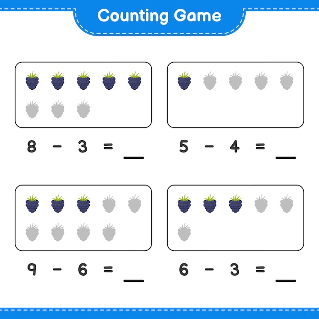 Counting game, count the number of Blackberries and write the result. Educational children game, printable worksheet