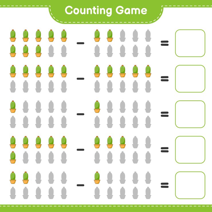 Vektor counting game count the number of cactus and write the result educational children game