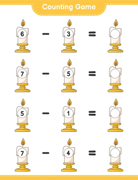 Counting game, count the number of Candle and write the result. Educational children game, printable worksheet 