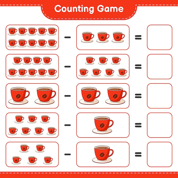 counting game, count the number of coffee cup and write the result. educational children game, printable worksheet 