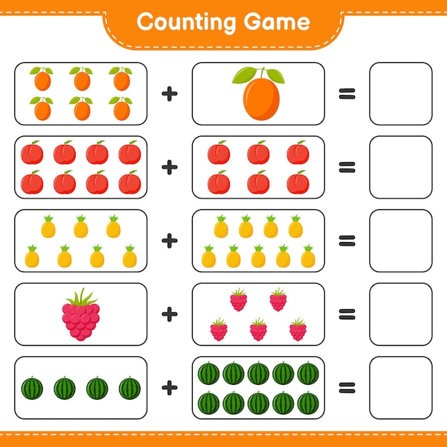 Counting game, count the number of Fruits and write the result. Educational children game, printable worksheet,  illustration
